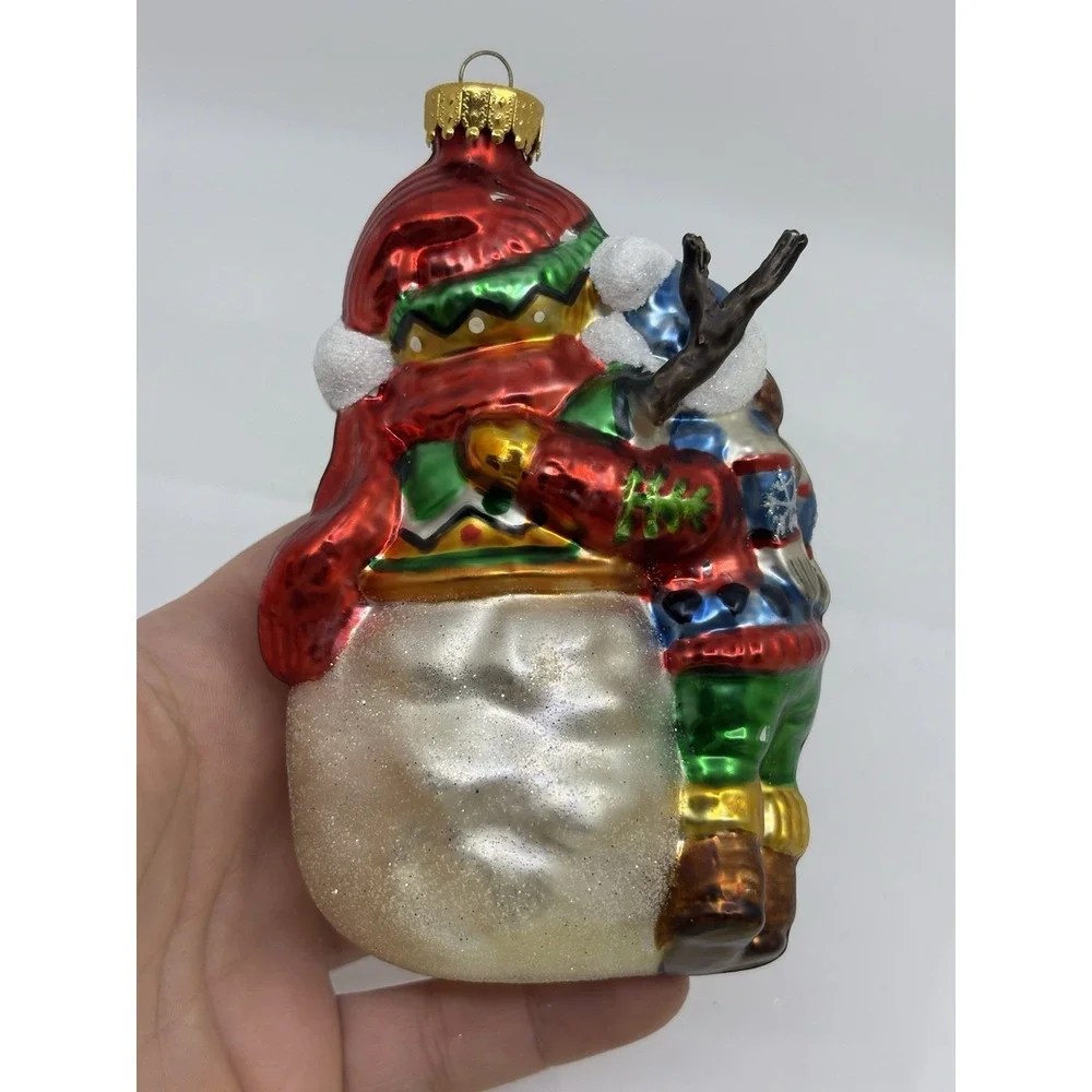 Lg Snowman with Child Christmas Ornament   Hand Painted Blown Glass